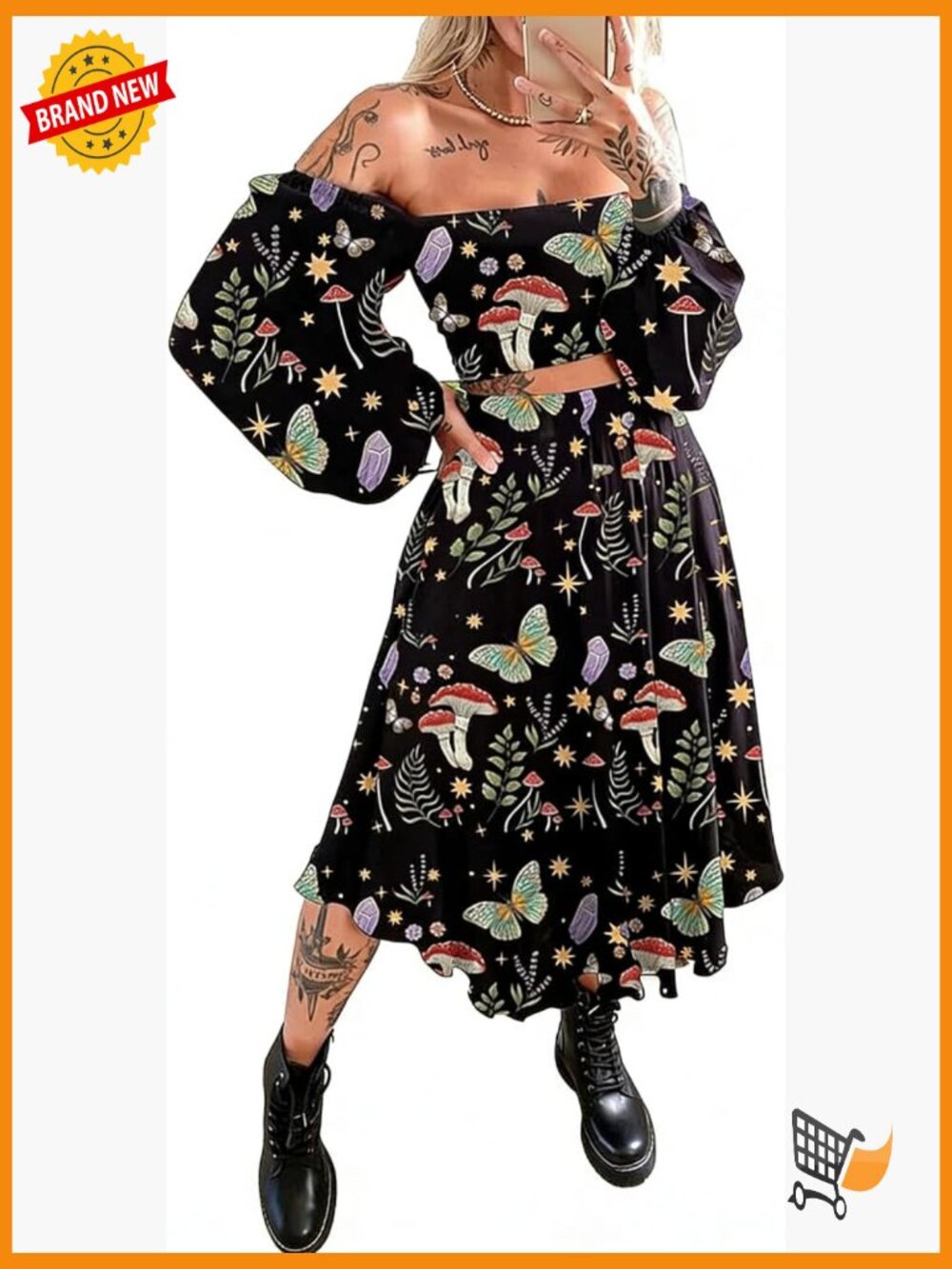 Two Piece Midi Skirt Set Gothic Halloween Outfit Off Shoulder Crop Top